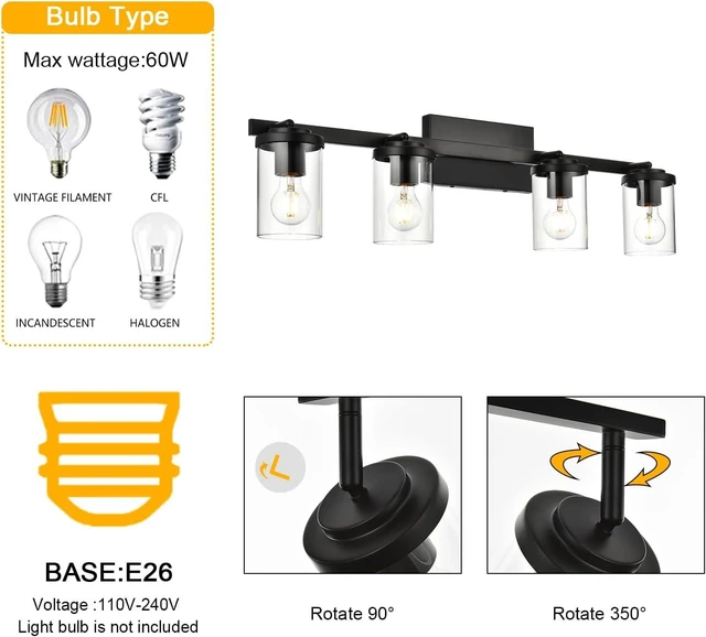 Alt view image 3 of 7 - BONLICHT Ceiling Spotlights Track Lighting Kit 4 Light Bathroom Vanity Lighting Black Modern Multi-Directional Ceiling Mount Fixture Industrial Farmhouse Sconces Wall Mount Lamp with Clear Glass Shade