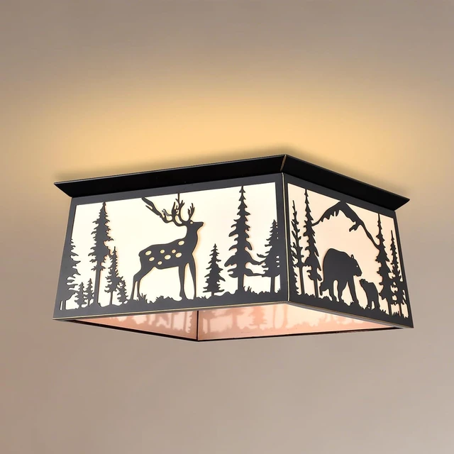 Main image of Farmhouse Flush Mount Ceiling Light,Rustic White Parchment Deer Bear Close to Ceiling Light Fixtures,Square Metal Light Fixtures Ceiling Mount,2-Light Black Chandelier for Kitchen,Bedroom,Living Room