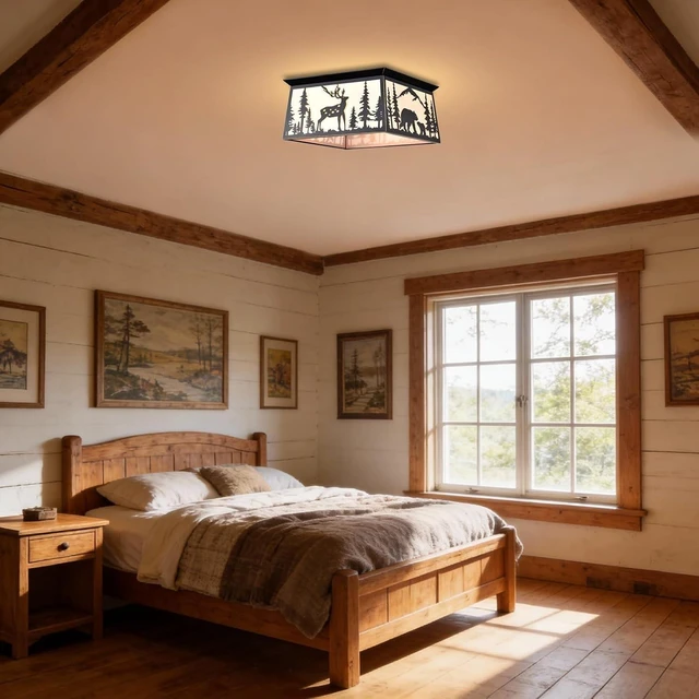 Alt view image 2 of 7 - Farmhouse Flush Mount Ceiling Light,Rustic White Parchment Deer Bear Close to Ceiling Light Fixtures,Square Metal Light Fixtures Ceiling Mount,2-Light Black Chandelier for Kitchen,Bedroom,Living Room