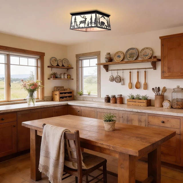 Alt view image 3 of 7 - Farmhouse Flush Mount Ceiling Light,Rustic White Parchment Deer Bear Close to Ceiling Light Fixtures,Square Metal Light Fixtures Ceiling Mount,2-Light Black Chandelier for Kitchen,Bedroom,Living Room