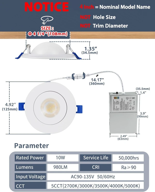 Alt view image 4 of 7 - Aosclex 12 Pack 4 Inch Adjustable Gimbal 5CCT Recessed LED Light 10W 980LM