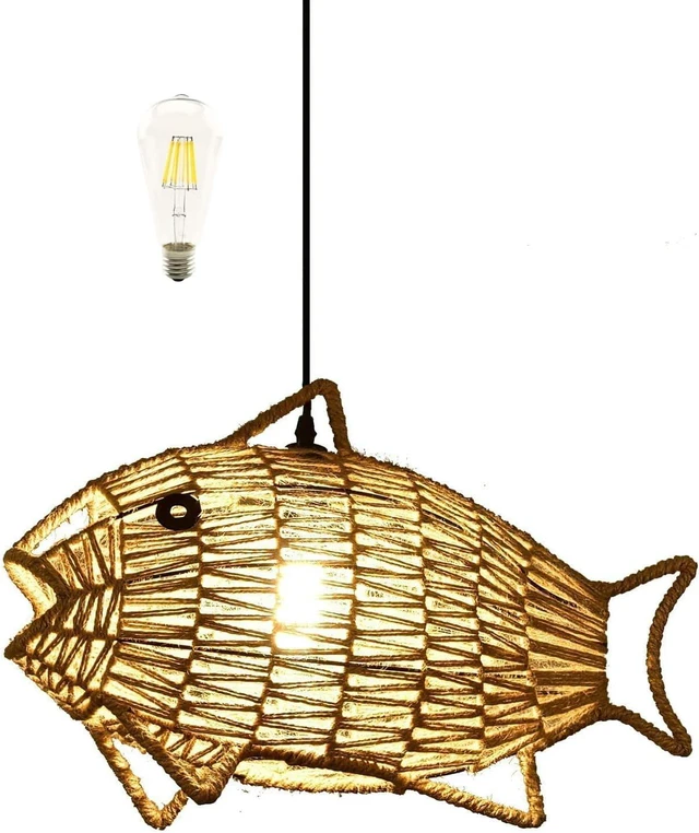 Main image of Woven Pendant Light Boho Chandelier Fish-Shaped Rustic Farmhouse Chandelier Hemp Rope Light Rattan Light Fixture for Dining Room Living Room Bedroom Kitchen Foyer(Bulb Included)