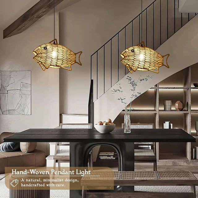 Alt view image 2 of 7 - Woven Pendant Light Boho Chandelier Fish-Shaped Rustic Farmhouse Chandelier Hemp Rope Light Rattan Light Fixture for Dining Room Living Room Bedroom Kitchen Foyer(Bulb Included)
