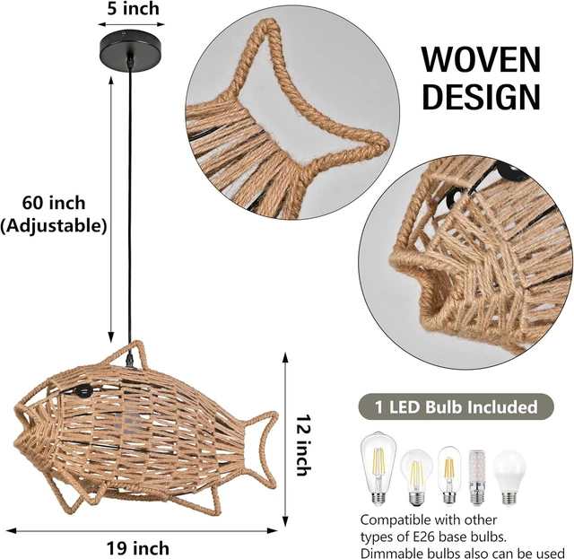 Alt view image 4 of 7 - Woven Pendant Light Boho Chandelier Fish-Shaped Rustic Farmhouse Chandelier Hemp Rope Light Rattan Light Fixture for Dining Room Living Room Bedroom Kitchen Foyer(Bulb Included)