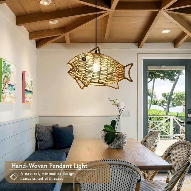 Alt view image 5 of 7 - Woven Pendant Light Boho Chandelier Fish-Shaped Rustic Farmhouse Chandelier Hemp Rope Light Rattan Light Fixture for Dining Room Living Room Bedroom Kitchen Foyer(Bulb Included)