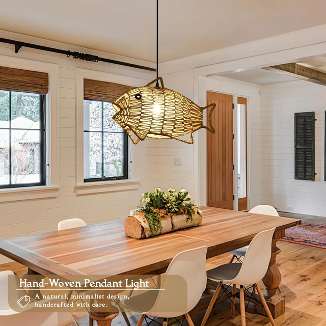 Alt view image 7 of 7 - Woven Pendant Light Boho Chandelier Fish-Shaped Rustic Farmhouse Chandelier Hemp Rope Light Rattan Light Fixture for Dining Room Living Room Bedroom Kitchen Foyer(Bulb Included)
