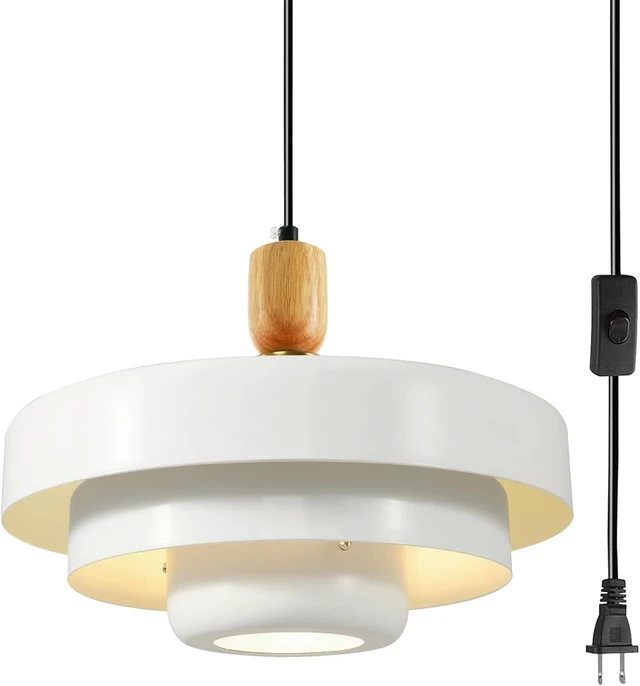 Main image of 3-Tier White Plug-in Swag Pendant Light, 13.8 Inch Mid Century Wood Adjustable Hanging Lamp, On/Off Switch Plug in Ceiling Light Fixture for Breakfast Nook Reading Nook