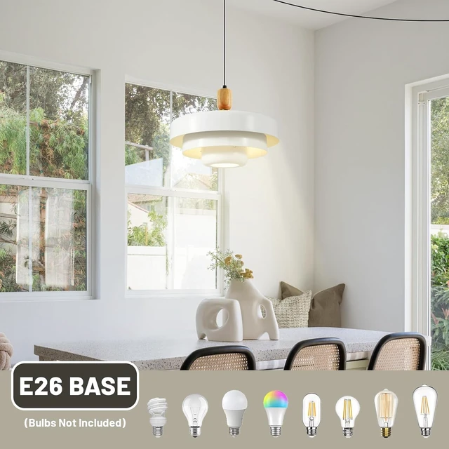 Alt view image 2 of 7 - 3-Tier White Plug-in Swag Pendant Light, 13.8 Inch Mid Century Wood Adjustable Hanging Lamp, On/Off Switch Plug in Ceiling Light Fixture for Breakfast Nook Reading Nook
