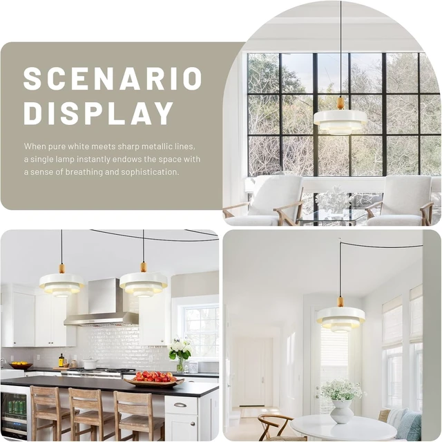 Alt view image 4 of 7 - 3-Tier White Plug-in Swag Pendant Light, 13.8 Inch Mid Century Wood Adjustable Hanging Lamp, On/Off Switch Plug in Ceiling Light Fixture for Breakfast Nook Reading Nook