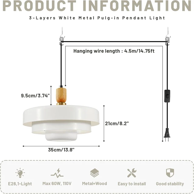 Alt view image 5 of 7 - 3-Tier White Plug-in Swag Pendant Light, 13.8 Inch Mid Century Wood Adjustable Hanging Lamp, On/Off Switch Plug in Ceiling Light Fixture for Breakfast Nook Reading Nook