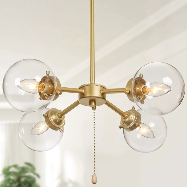 Main image of KSANA Gold Globe Chandelier with On/Off Switch Pull Chain, 4-Light Modern Gold Semi Flush Mount Ceiling Light with Clear Globe Glass Shades for Dining Room & Kitchen, Soft Gold, 19.5 Dia