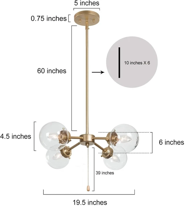 Alt view image 6 of 7 - KSANA Gold Globe Chandelier with On/Off Switch Pull Chain, 4-Light Modern Gold Semi Flush Mount Ceiling Light with Clear Globe Glass Shades for Dining Room & Kitchen, Soft Gold, 19.5 Dia