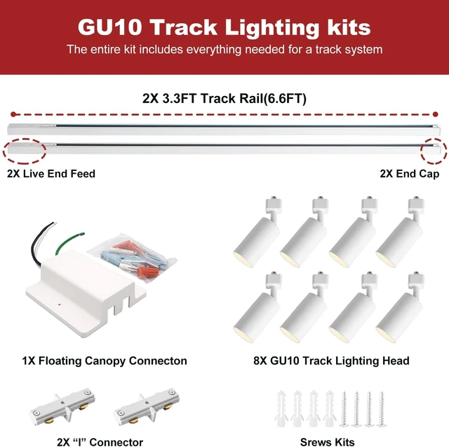 Alt view image 2 of 7 - 8-Light LED Track Lighting Kit with 6.6FT H Type Track Lighting Rails and Floating Canopy Connector, Modern Kitchen GU10 Track Lighting Fixtures Ceiling Spot Light, White (No Bulbs)