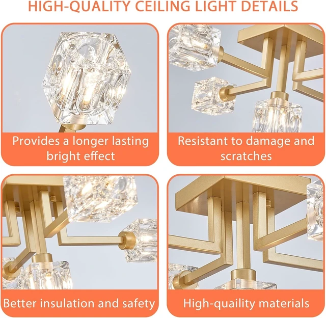 Alt view image 4 of 7 - Semi Flush Mount Ceiling Light Glass 5 Lights Gold Modern Sputnik Chandelier Farmhouse Lighting Fixtures for Dining Room Living Room Kitchen Bedroom