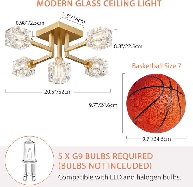 Alt view image 5 of 7 - Semi Flush Mount Ceiling Light Glass 5 Lights Gold Modern Sputnik Chandelier Farmhouse Lighting Fixtures for Dining Room Living Room Kitchen Bedroom