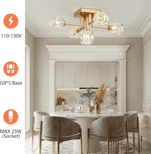 Alt view image 6 of 7 - Semi Flush Mount Ceiling Light Glass 5 Lights Gold Modern Sputnik Chandelier Farmhouse Lighting Fixtures for Dining Room Living Room Kitchen Bedroom