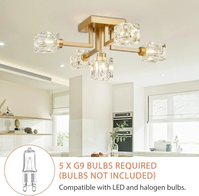 Alt view image 7 of 7 - Semi Flush Mount Ceiling Light Glass 5 Lights Gold Modern Sputnik Chandelier Farmhouse Lighting Fixtures for Dining Room Living Room Kitchen Bedroom