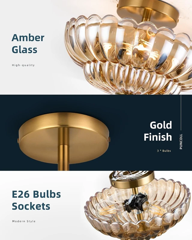 Alt view image 5 of 7 - 3-Light 12 Inch Amber Semi Flush Mount Ceiling Light for Bathroom