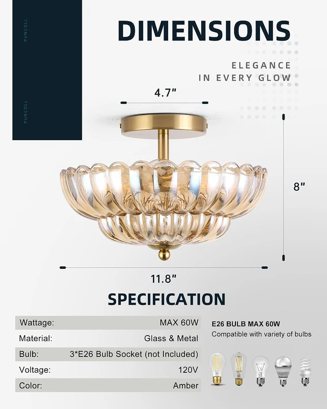 Alt view image 6 of 7 - 3-Light 12 Inch Amber Semi Flush Mount Ceiling Light for Bathroom