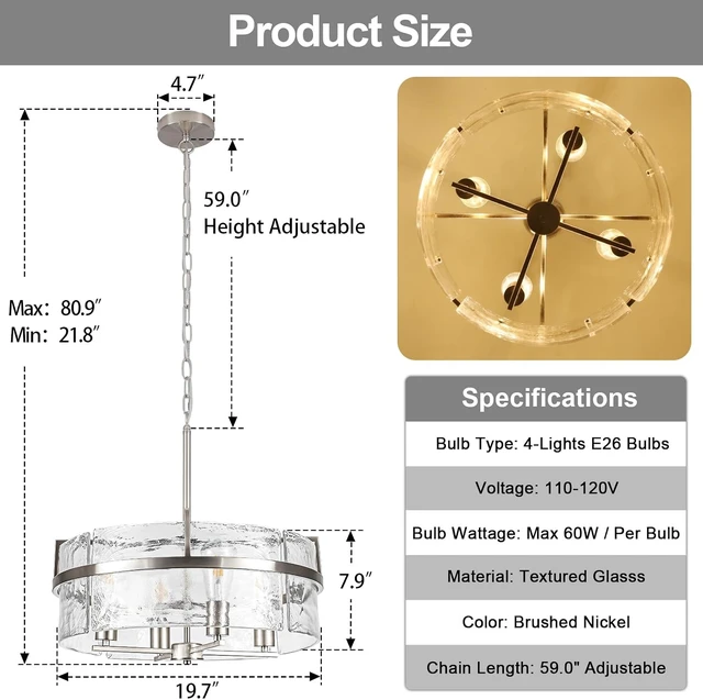 Alt view image 2 of 7 - Glass Drum Chandeliers for Dining Room,19.7" Water Ripple Glass Chandelier