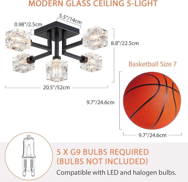 Alt view image 2 of 7 - Semi Flush Mount Ceiling Light Fixture, 20.5" Black Sputnik Chandeliers Modern 5-Light Dining Room Glass Ceiling Lighting for Living Room Kitchen Bedroom Entryway Foyer