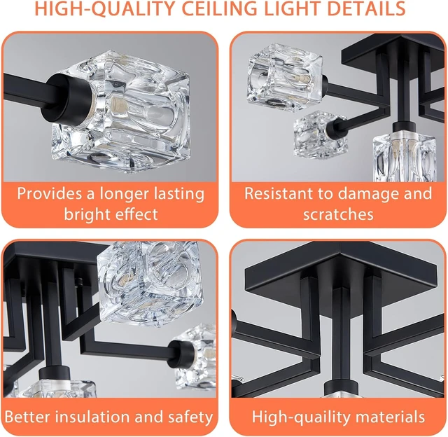 Alt view image 3 of 7 - Semi Flush Mount Ceiling Light Fixture, 20.5" Black Sputnik Chandeliers Modern 5-Light Dining Room Glass Ceiling Lighting for Living Room Kitchen Bedroom Entryway Foyer