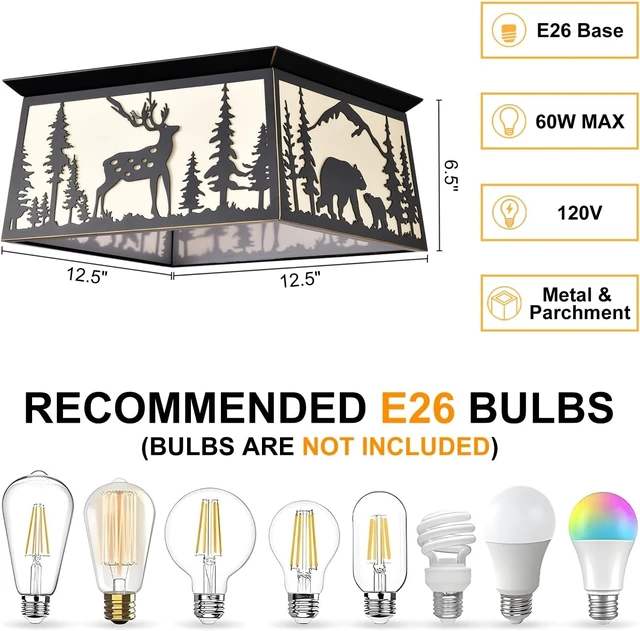 Alt view image 6 of 7 - Farmhouse Flush Mount Ceiling Light,Rustic White Parchment Deer Bear Close to Ceiling Light Fixtures,Square Metal Light Fixtures Ceiling Mount,2-Light Black Chandelier for Kitchen,Bedroom,Living Room