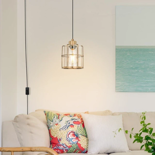 Alt view image 3 of 7 - Gold Hanging Light Plug in,Glass Plug in Pendant Lights for Coner,Adjustable Height Hanging Lights with Plug in Cord