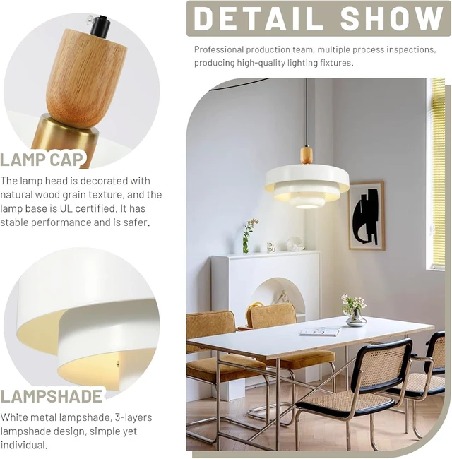 Alt view image 6 of 7 - 3-Tier White Plug-in Swag Pendant Light, 13.8 Inch Mid Century Wood Adjustable Hanging Lamp, On/Off Switch Plug in Ceiling Light Fixture for Breakfast Nook Reading Nook