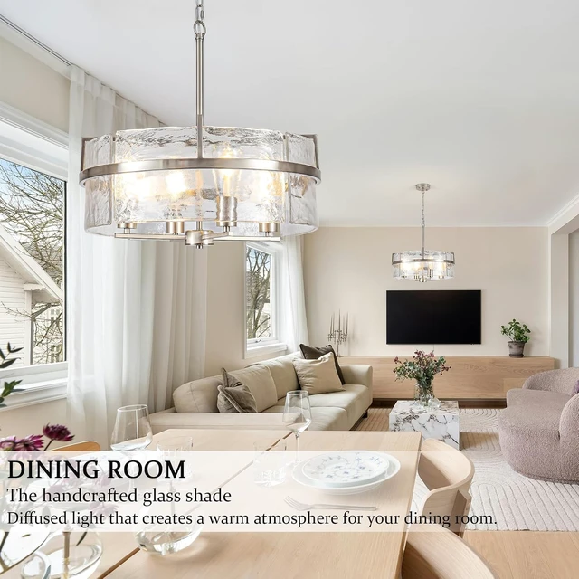 Alt view image 7 of 7 - Glass Drum Chandeliers for Dining Room,19.7" Water Ripple Glass Chandelier