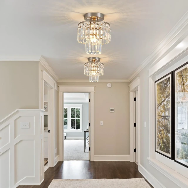 Alt view image 2 of 7 - Crystal Ceiling Chandelier,Mini Chandelier Light Fixture with K9 Crystals,Brushed Nickel Finish for Living Room Entryway Bedroom Laundry Room,1-Light E26 Base