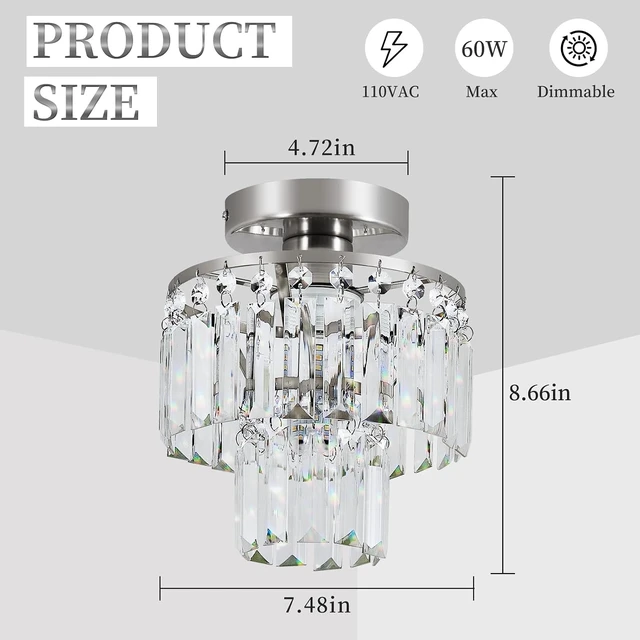 Alt view image 3 of 7 - Crystal Ceiling Chandelier,Mini Chandelier Light Fixture with K9 Crystals,Brushed Nickel Finish for Living Room Entryway Bedroom Laundry Room,1-Light E26 Base