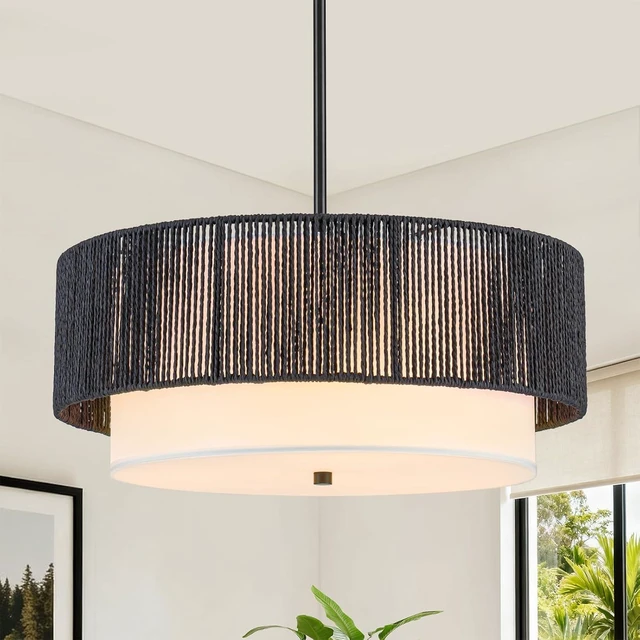 Main image of Rattan Farmhouse Chandeliers Rattan Light Fixtures, Boho Light Fixtures for Bedroom Dining Room Foyer Kitchen Hallway | Fabric Shade | Bulbs Not Included | Black