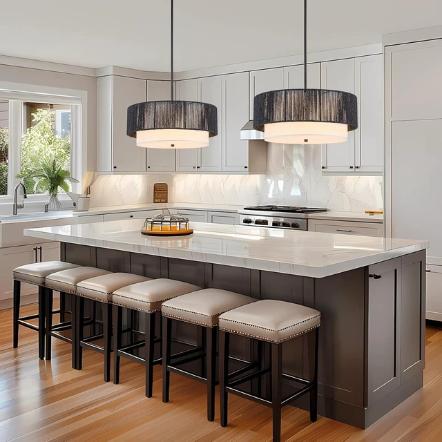 Alt view image 2 of 7 - Rattan Farmhouse Chandeliers Rattan Light Fixtures, Boho Light Fixtures for Bedroom Dining Room Foyer Kitchen Hallway | Fabric Shade | Bulbs Not Included | Black