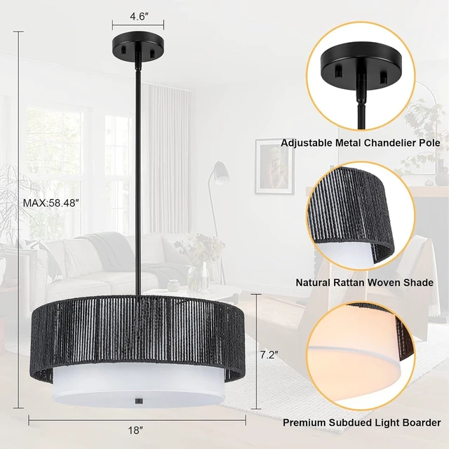 Alt view image 3 of 7 - Rattan Farmhouse Chandeliers Rattan Light Fixtures, Boho Light Fixtures for Bedroom Dining Room Foyer Kitchen Hallway | Fabric Shade | Bulbs Not Included | Black