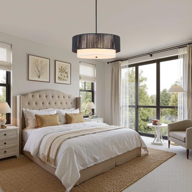 Alt view image 4 of 7 - Rattan Farmhouse Chandeliers Rattan Light Fixtures, Boho Light Fixtures for Bedroom Dining Room Foyer Kitchen Hallway | Fabric Shade | Bulbs Not Included | Black