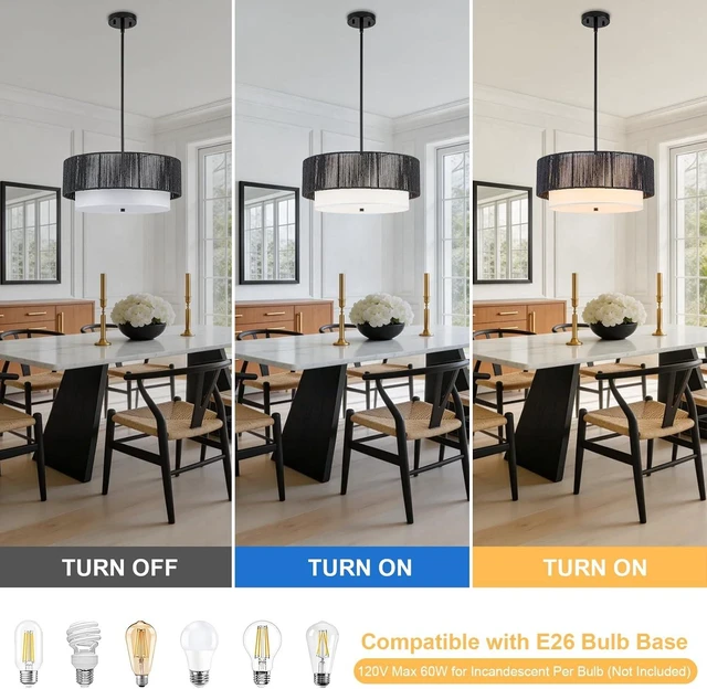 Alt view image 5 of 7 - Rattan Farmhouse Chandeliers Rattan Light Fixtures, Boho Light Fixtures for Bedroom Dining Room Foyer Kitchen Hallway | Fabric Shade | Bulbs Not Included | Black