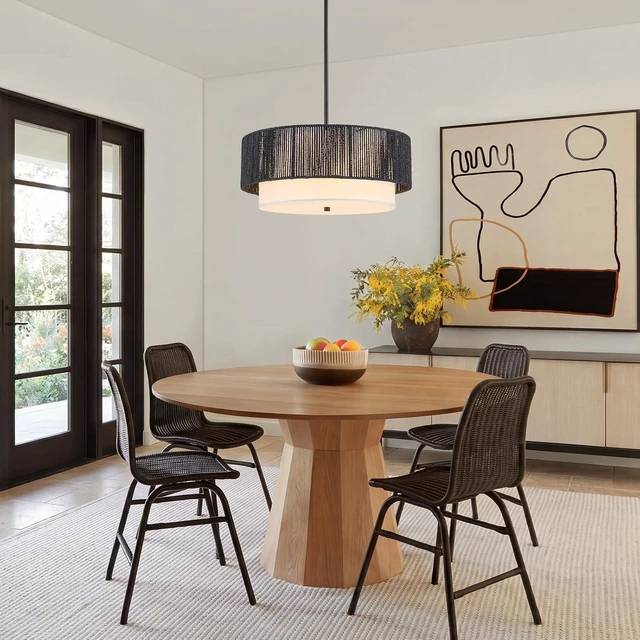 Alt view image 6 of 7 - Rattan Farmhouse Chandeliers Rattan Light Fixtures, Boho Light Fixtures for Bedroom Dining Room Foyer Kitchen Hallway | Fabric Shade | Bulbs Not Included | Black
