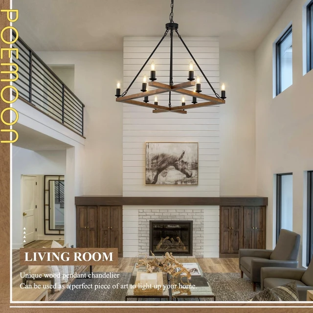 Alt view image 4 of 7 - Oak 53" Wooden Square Chandeliers 10-Light Candle Chandelier
