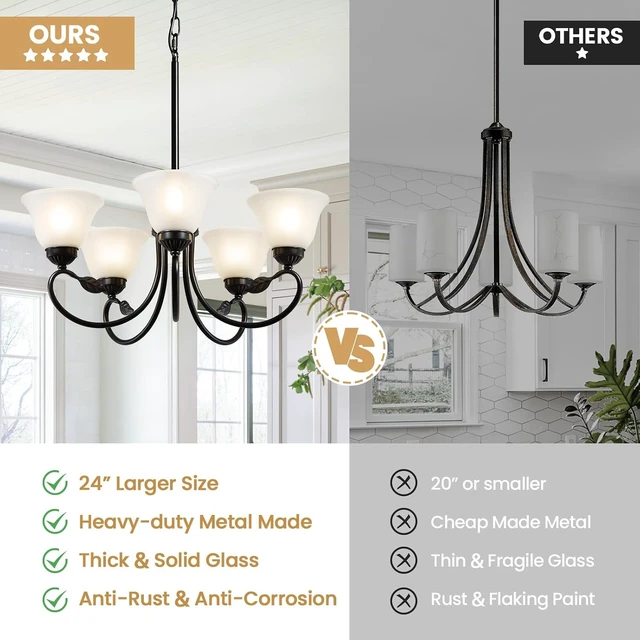 Alt view image 2 of 7 - 5-Light Black Chandelier, Farmhouse Dining Room Light Fixture with Opal Glass Shade, Modern Chandelier for Dining Room Over Table, Height Adjustable Hanging Lighting Fixture for Kitchen Island Foyer