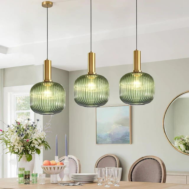 Alt view image 5 of 6 - Battery Operated Pendant Light,Glass Battery Ceiling Light Fixtures with Wireless Remote Dimmable,10 Colors Modes Rechargeable Chandelier for Kitchen,Dining Room,Living Room,Bedroom(Green)