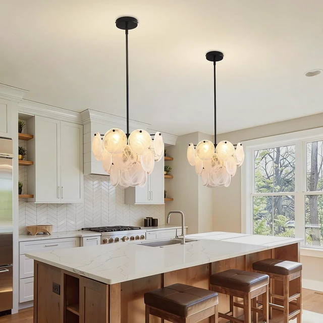 Alt view image 2 of 7 - Black Glass Pendant Light, 13.78" Modern Crystal Chandelier Kitchen Island, 4-Light Round Adjustable Height Ceiling Luxury Hanging for Entryway Hallway Foyer Bedroom, G9 Base