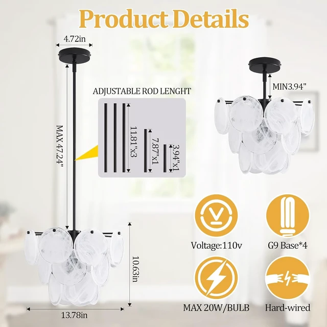 Alt view image 3 of 7 - Black Glass Pendant Light, 13.78" Modern Crystal Chandelier Kitchen Island, 4-Light Round Adjustable Height Ceiling Luxury Hanging for Entryway Hallway Foyer Bedroom, G9 Base