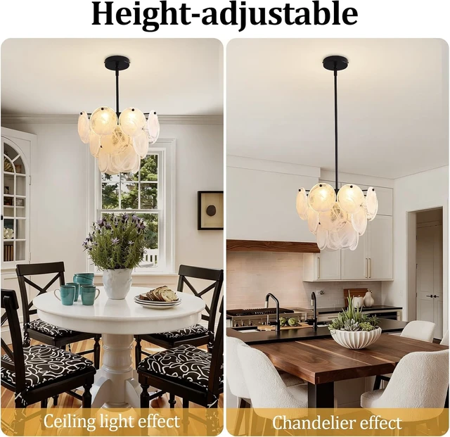 Alt view image 5 of 7 - Black Glass Pendant Light, 13.78" Modern Crystal Chandelier Kitchen Island, 4-Light Round Adjustable Height Ceiling Luxury Hanging for Entryway Hallway Foyer Bedroom, G9 Base