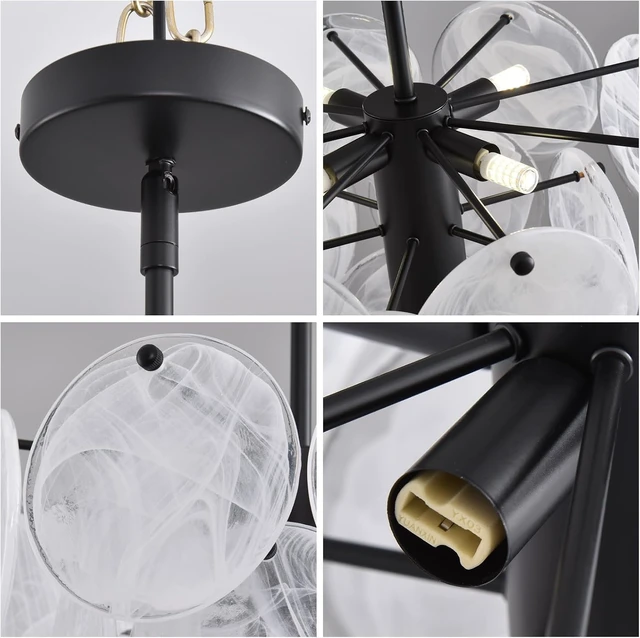 Alt view image 6 of 7 - Black Glass Pendant Light, 13.78" Modern Crystal Chandelier Kitchen Island, 4-Light Round Adjustable Height Ceiling Luxury Hanging for Entryway Hallway Foyer Bedroom, G9 Base