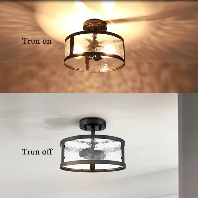 Alt view image 3 of 7 - Moose Black Semi Flush Mount Ceiling Light 2-Light with Hammered Glass