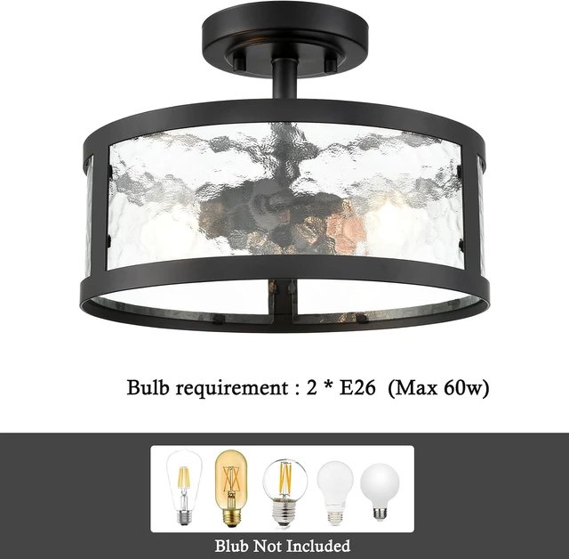 Alt view image 4 of 7 - Moose Black Semi Flush Mount Ceiling Light 2-Light with Hammered Glass