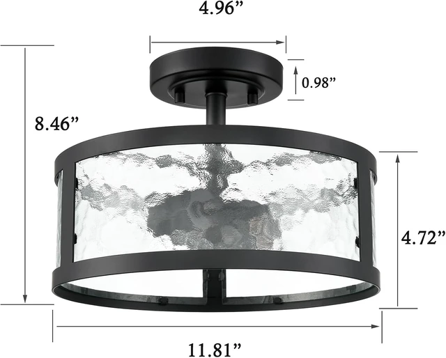 Alt view image 5 of 7 - Moose Black Semi Flush Mount Ceiling Light 2-Light with Hammered Glass