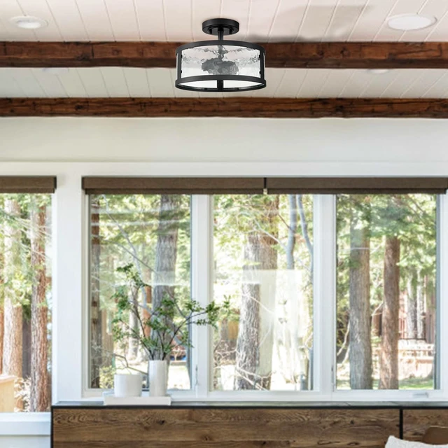 Alt view image 6 of 7 - Moose Black Semi Flush Mount Ceiling Light 2-Light with Hammered Glass