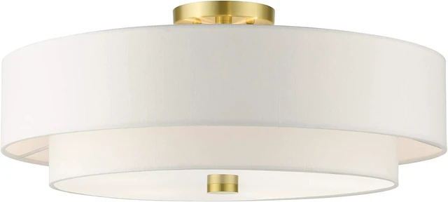 Main image of Livex Lighting 52140-12 Meridian Collection 5-Light Semi Flush Mount Ceiling Light with Off-White Hardback Fabric Shade, Satin Brass, 22 x 22 x 9.5